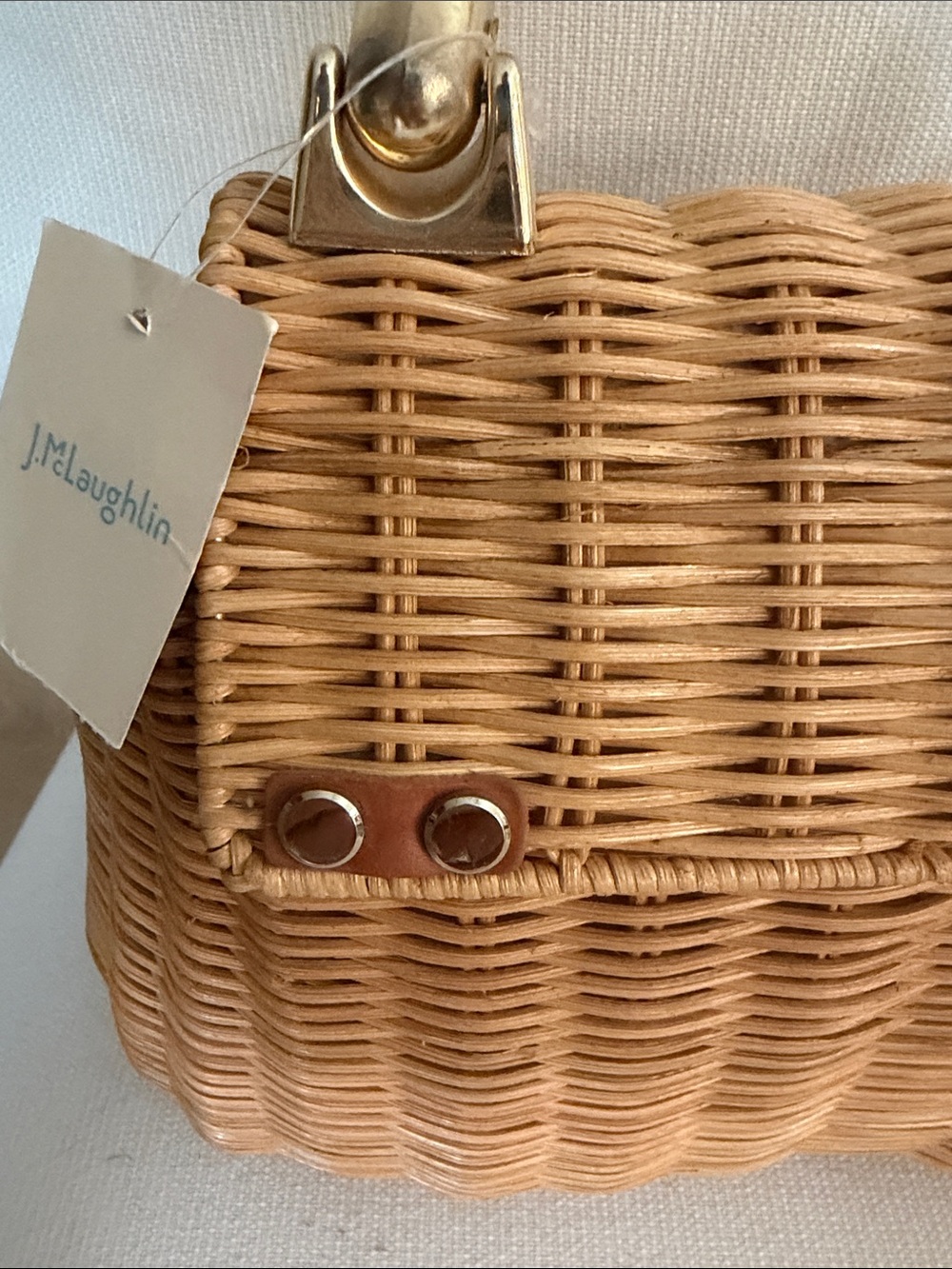 J. McLaughlin Woven Satchel in Natural Tan with Bamboo Handle - Picture 7 of 12